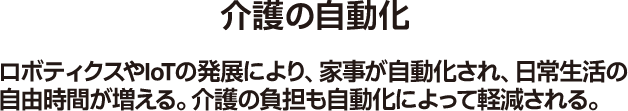 介護の自動化 ロボティクスやIoTの発展により、家事が自動化され、日常生活の自由時間が増える。介護の負担も自動化によって軽減される。