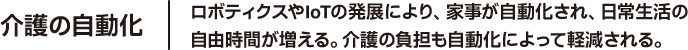 介護の自動化 ロボティクスやIoTの発展により、家事が自動化され、日常生活の自由時間が増える。介護の負担も自動化によって軽減される。