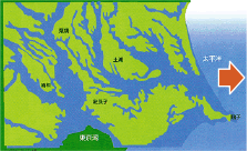 利根川東遷の過程 左から5000年前、1000年前、東遷が完成したときの利根川（利根川上流河川事務所ホームページ 蔵）の画像